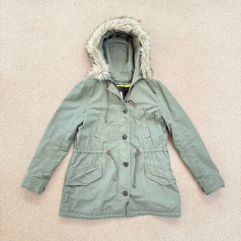 Gap Y2K Olive Green Field Jacket Parka Removable Liner Faux Fur Trim Hooded Sm